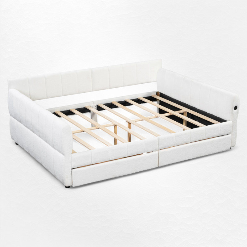 Lit de jour rembourré avec port USB et tiroirs, Blanc, Grand lit
