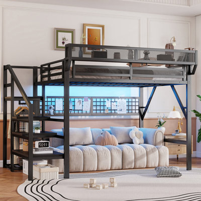 Grand lit mezzanine avec escalier, grand lit mezzanine en métal avec éclairage et rangement, lit mezzanine haut avec garde-robe et rangement pour enfants, adolescents et adultes