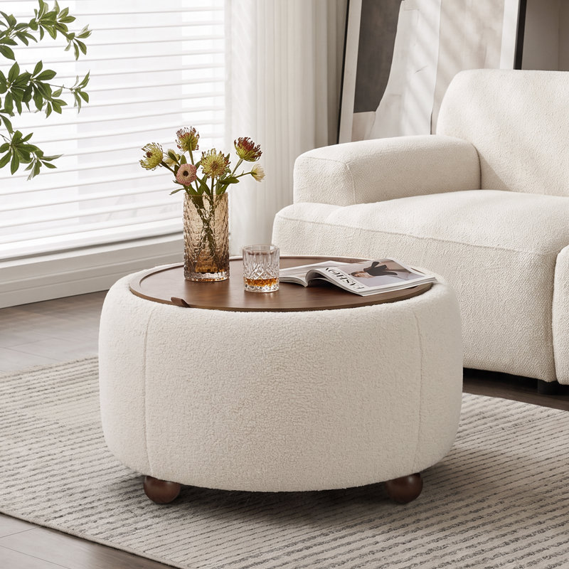 Table basse ronde avec repose-pieds rembourré avec plateau amovible, Beige