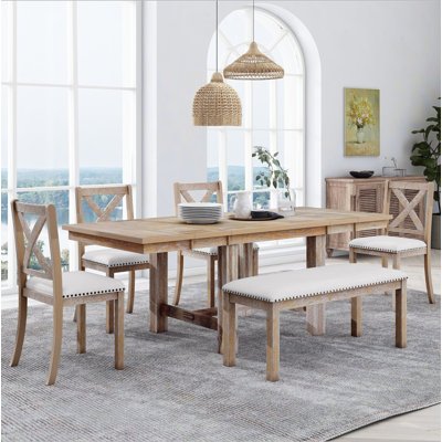 Farmhouse 82inch 6-Piece Extendable Dining Table with Footrest, 4 Upholstered Dining Chairs and Dining Bench, Two 11"Removable Leaf