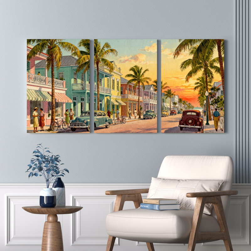 Ensemble de 3 toiles murales représentant une scène de rue tropicale avec palmiers et voitures anciennes, pour salon, chambre ou décoration intérieure.