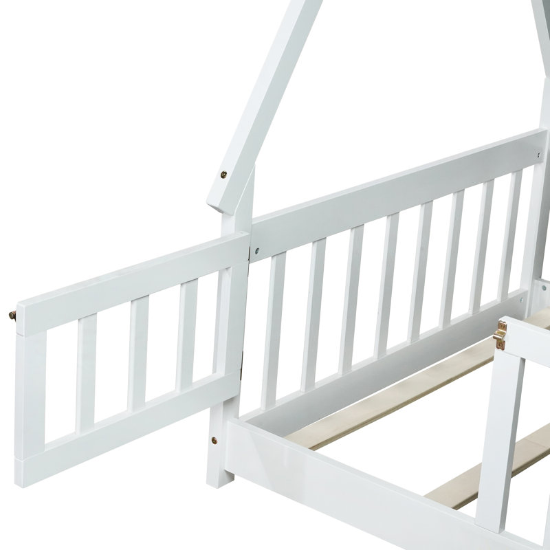 Tent-Shaped Floor Bed,Teepee Bed With Guardrails,Slats, White