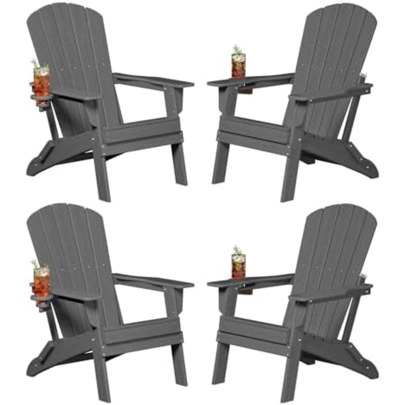 Folding Adirondack Chair, SGS Tested, Wooden Textured With Cup Holder, Heavy All-Weather HDPE Comfortable Set Poolside Backyard Lawn Grey Set 4