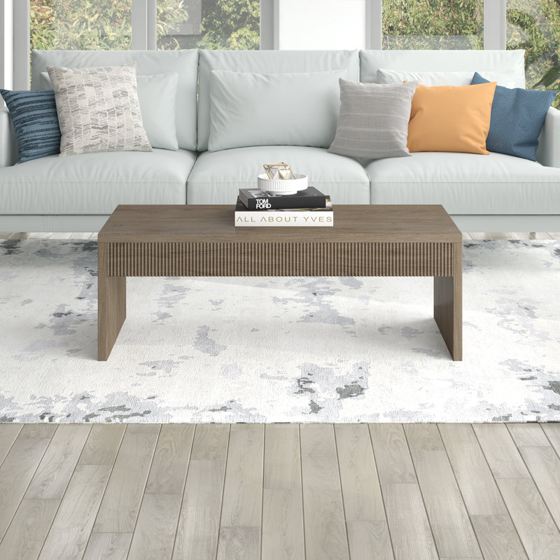 Lawrence 48" Wide Rectangular Fluted Coffee Table in Antiqued Gray Oak, Antiqued Gray Oak