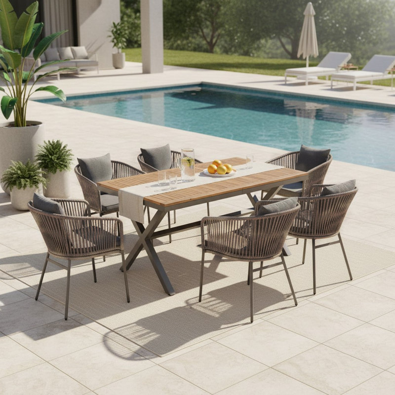 Ensemble de salle à manger de patio 7 pièces, ensemble de meubles d'extérieur toutes saisons avec table et chaises, Gris