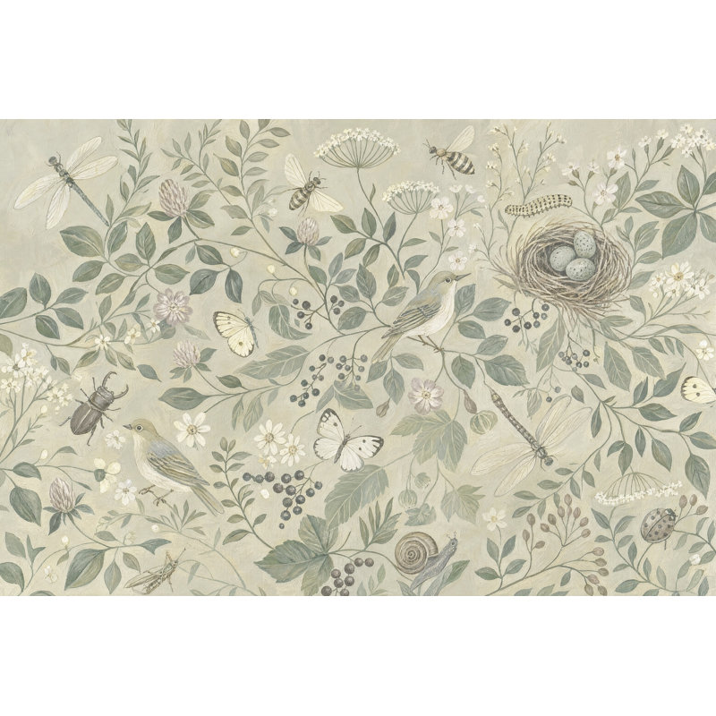 Papier peint botanique rétro avec oiseaux et nid, 120 po x 96 po, Texturé non collé