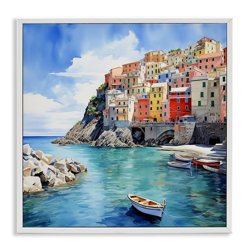 Cinque Terre Port par LSR Design Studio, H 17 po x l 17 po x P 1,5 po, Giclée encadrée blanc bord de mer