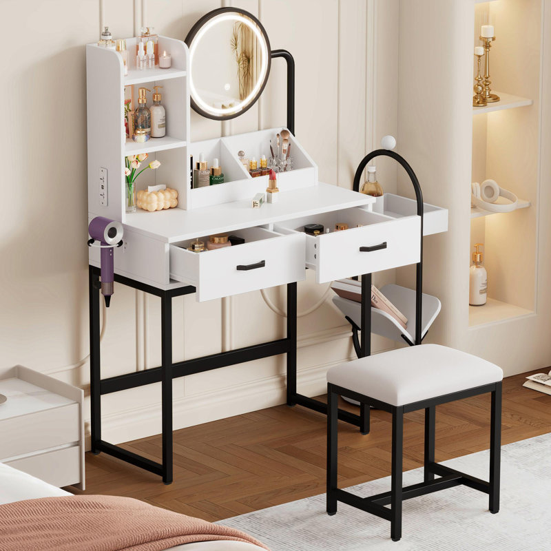 Dressing Table With Led Mirror, 2 Drawers And Stool, White/Black
