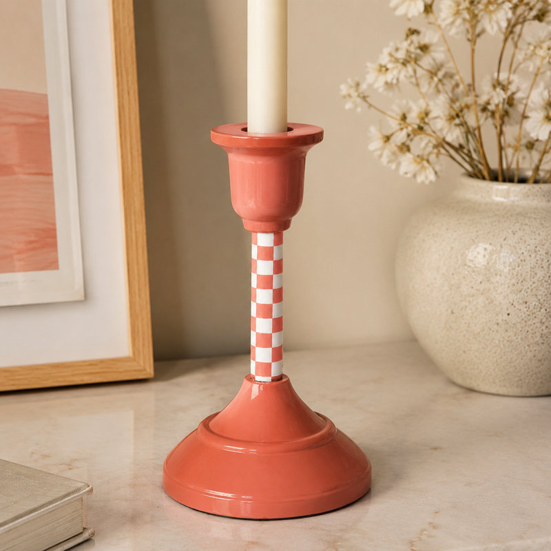 Dusty Pink Checkered Aluminum Taper Candle Holder, 7.75" H x 4.25" W x 4.25" D