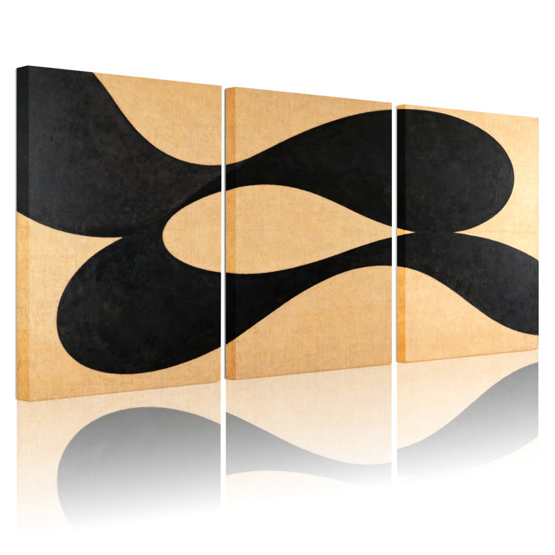 Ensemble de 3 tableaux sur toile à motif vague abstrait noir et or, H 36 po x l 72 po