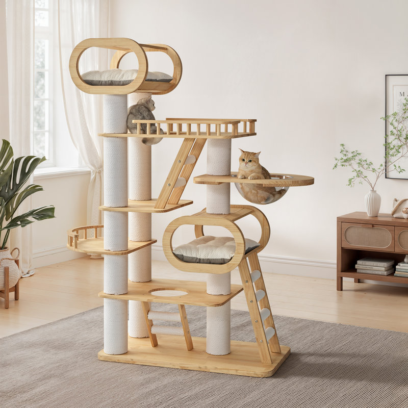 76" Modern Wood Cat Tree For Multi-Cat Homes, Sturdy Cat Tower With Scratching Posts & Platforms