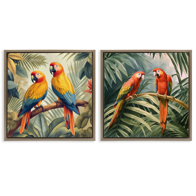  «Resting Parrots Parmi Jungle», ensemble de 2 toiles flottantes encadrées par Steve Hunziker, H 18 po x l 18 po