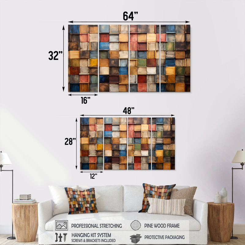«Colorful Colorful Colors Tiles III - Boho Mosaic», art mural 4 pièces, H 32 po x l 64 po