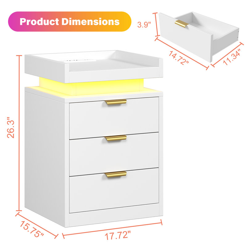 Led Nightstand With Charging Station & Usb Ports, 3-drawer Bedside Table With Adjustable Rgb Led Lights, High-gloss Modern Nightstands For Bedroom, White