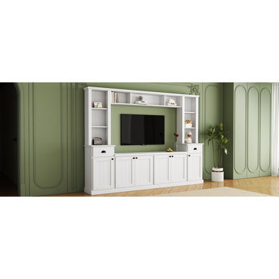 Centre multimédia contemporain avec pont supérieur réglable pour téléviseur de 75 po, blanc et meuble de rangement généreux blanc