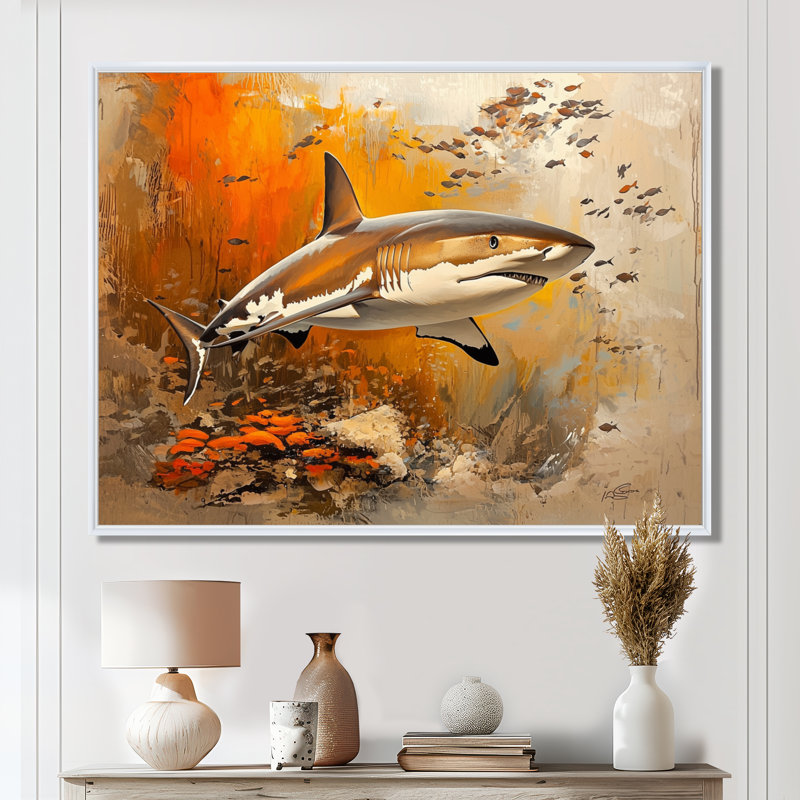 «Natation beige requin résilience III», reproduction d'art de requin, Impression dans un cadre flottant sans passe-parto