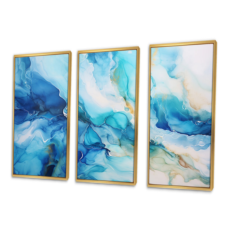 Encre liquide océan bleu et blanc - formes abstraites, ensemble d'art sur toile, Cadre flottant doré