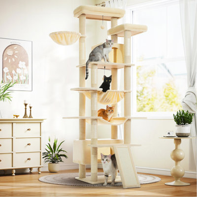 81 Inches Tall Cat Tree For Indoor Cats Large Adult - Multi-Level Cat Tower With Large Metal Frame Hammock, Scratching Pad, 2 Top Perches, 2 Cozy Condos & 6 Scratching Posts