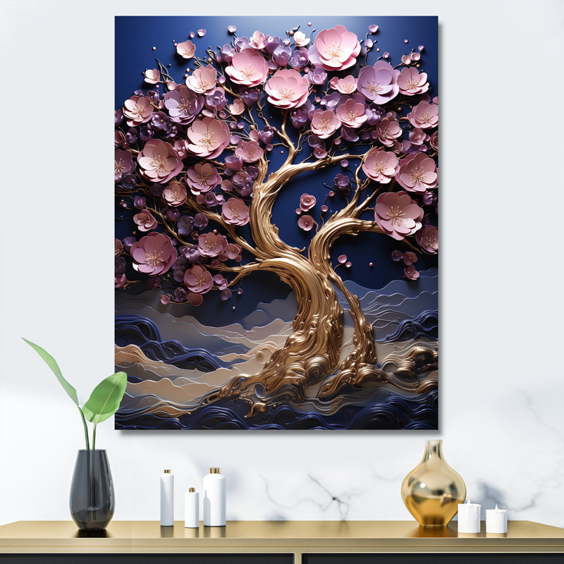 Orchidée dorée, jardin de branches III - art mural arbre, Toile tendue, H 32 po x l 16 po