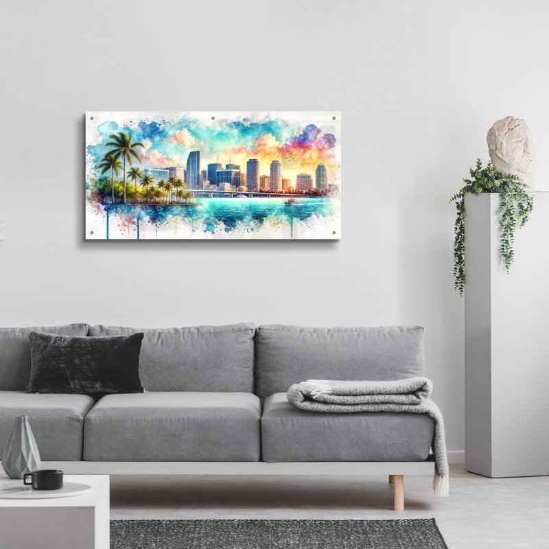  «Miami Downtown Watercolor» par Rey Klimt, art mural en verre acrylique, 48 po x 24 po