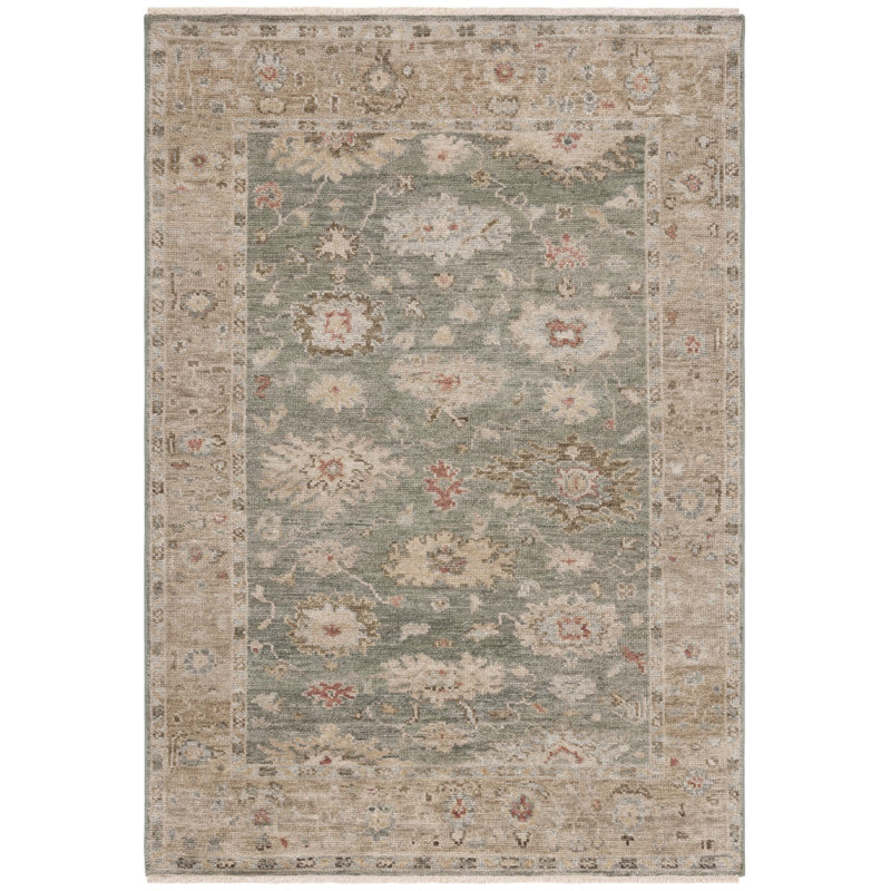 Oriental Hand-Knotted Wool Sage / Taupe Area Rug, Rectangle 6' x 9'