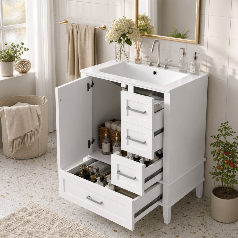 Meuble-lavabo autoportant blanc minimaliste avec quincaillerie et rangement argent