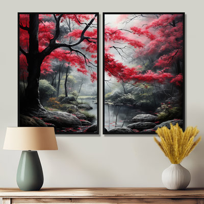 Minimalist Monochrome Red Forest III - Red Wall Art Set Of 2
