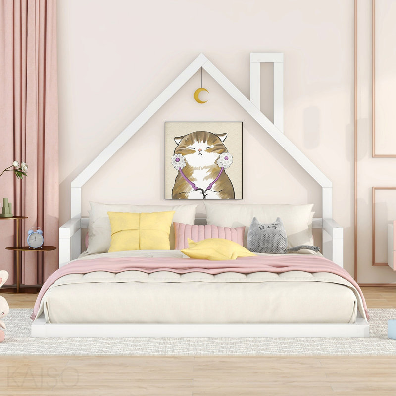 Lit double en bois avec tête de lit en forme de maison, blanc, Blanc