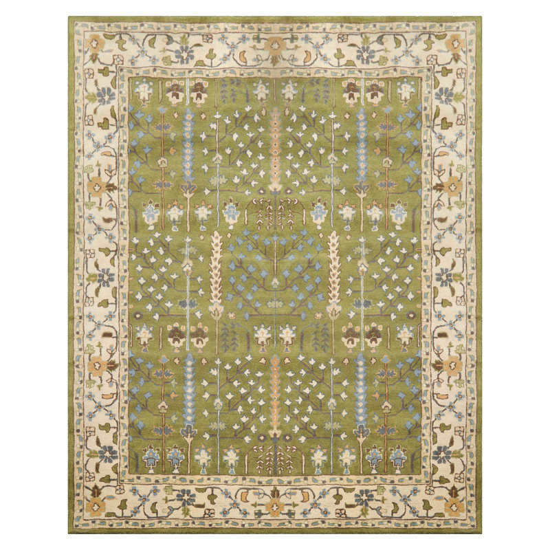 Tapis traditionnel en laine artisanal vert, Rectangle 9 pi x 12 pi