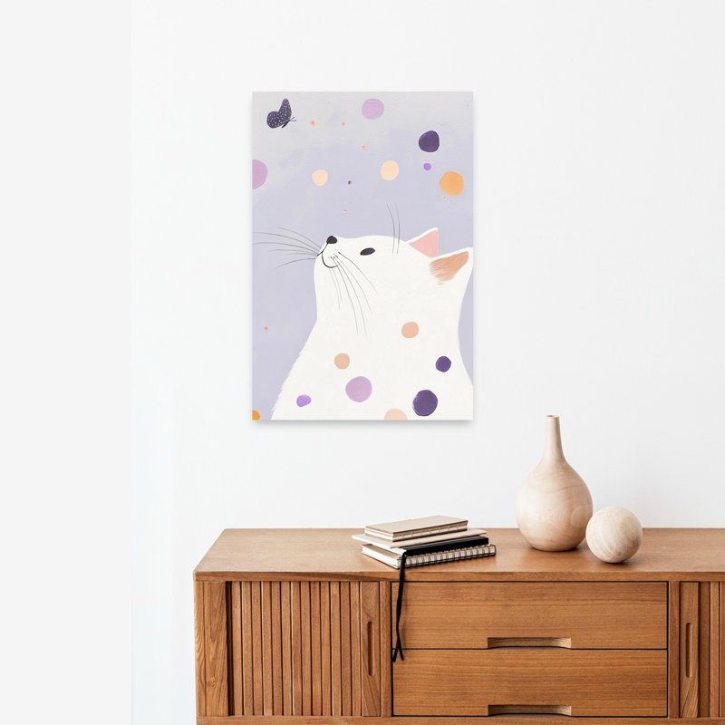 Curious Cat Butterfly Dreamy Playful Whimsical Butterfly Cat Lavender Wall Art Print by Mathieu - Wrapped Canvas Print