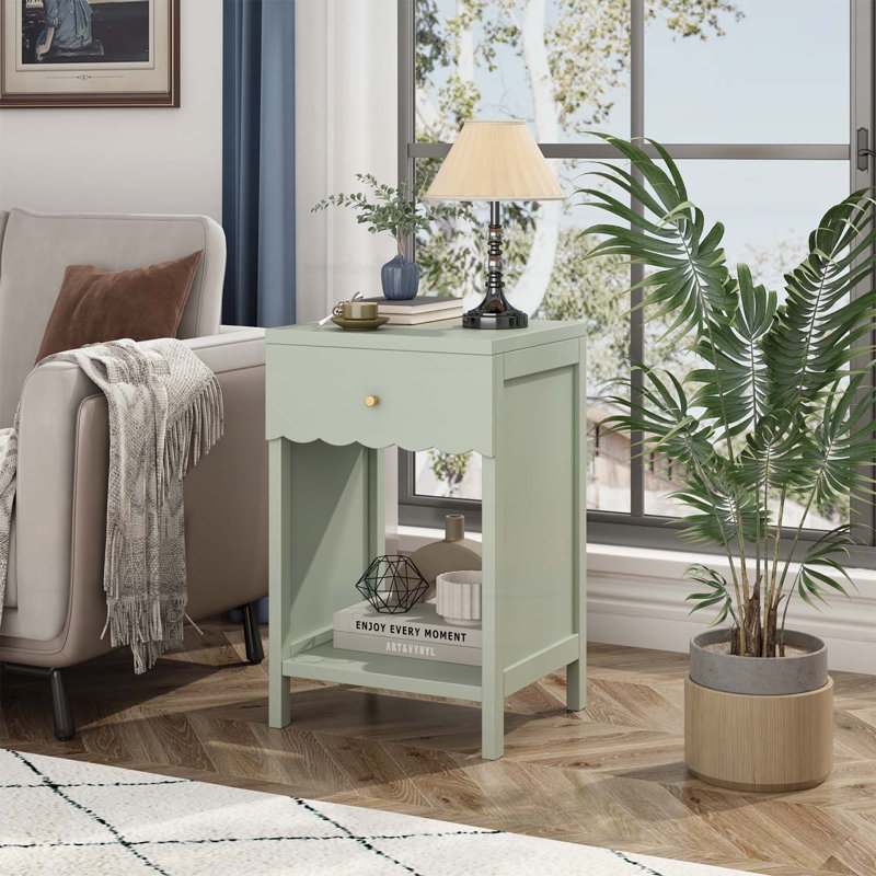 Table de chevet moderne avec tiroir et tablette ouverte, table de chevet festonnée pour chambre à coucher, table d'appoint minimaliste pour chambre d'enfant ou de fille, sauge
