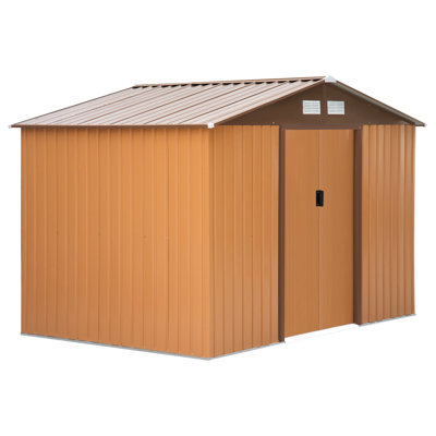 Boîte à outils extérieure 9 'x 6' jaune avec fondation, 4 évents et 2 portes coulissantes, pour la cour arrière, le garage, les outils de jardin pour la piscine, le rangement spacieux et les outils de jardin, bonne ventilation, acier galvanisé, incliné