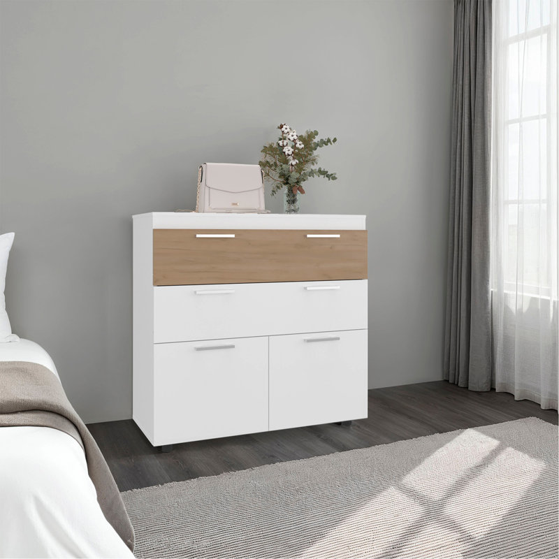 Commode de chambre autoportante avec deux tiroirs standard et deux portes rabattables avec tablettes basses