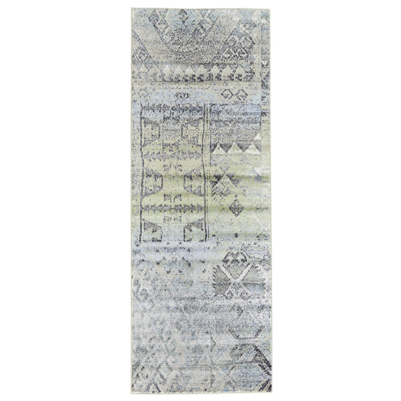 Tapis géométrique menthe / taupe Adamok, Tapis de couloir 2 pi 10 po x 7 pi 10 po