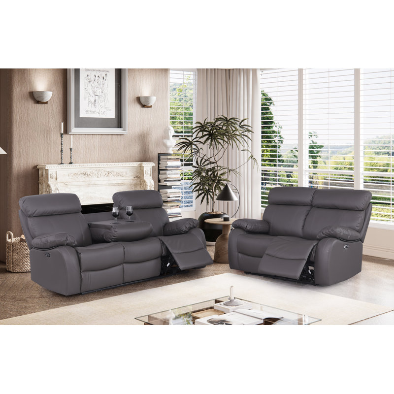 Avrielle Leather Power Reclining Living Room Set Reclining Sofa + Loveseat 2-piece Set, Gray