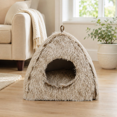 Fluffy Long Plush Hooded Cat Cave Bed with Non-Slip Waterproof Base, Dual Use Foldable Small Animal Hideaway Hut Machine Washable Cushion for Kittens, Guinea Pigs, Hamsters, Multiple Sizes & Neutral Colors Optional