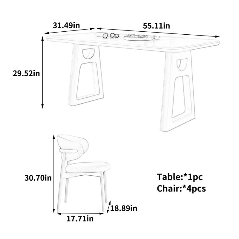 Table de salle à manger élégante et sophistiquée, 5 Pieces: Table, 4 Chairs, 29.52" H x 55.11" W x 31.49" D