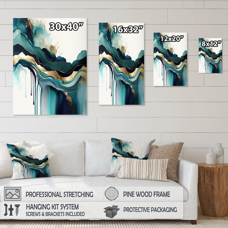 Teal And Gold Abstract Expression IV - Modern Canvas Wall Art, 40" H x 30" W, Wrapped Canvas, No Frame