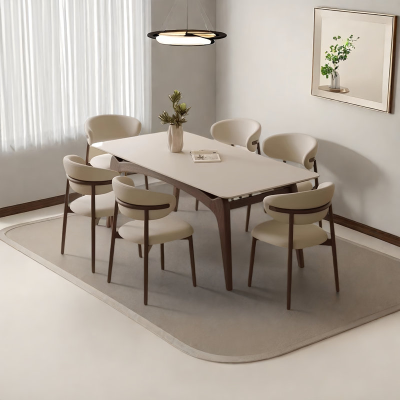 Rectangular Stone Slab Solid Wood Dining Table, 29.5"H x 55.1"L x 31.5"W