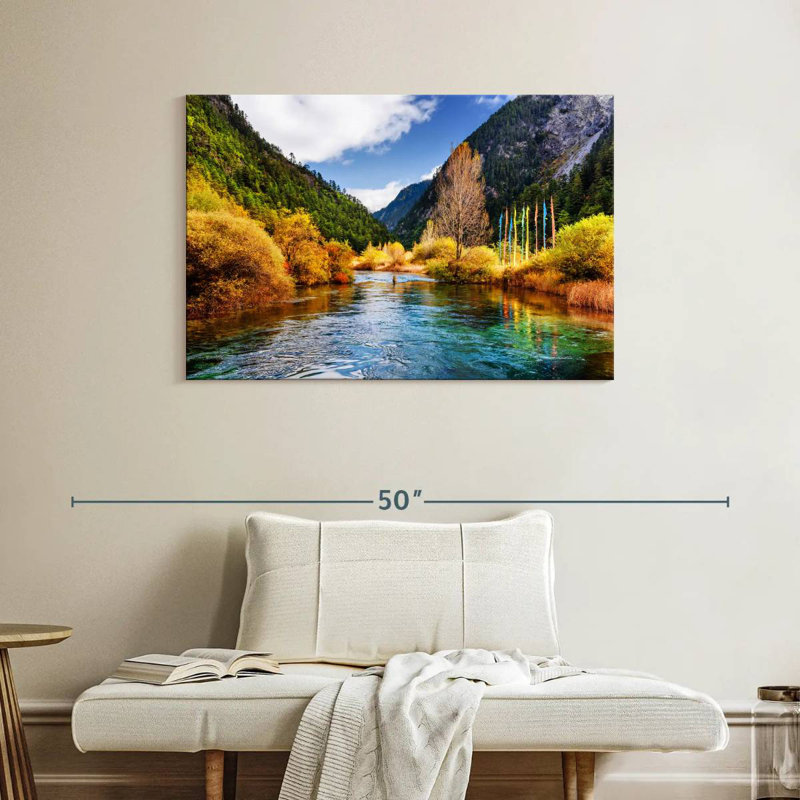 Paysage fluvial d'automne de Jiuzha, H 26 po x l 39 po