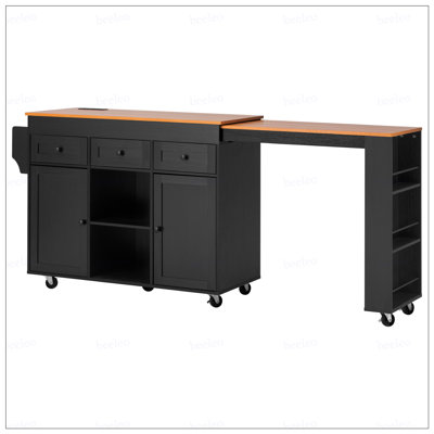 85.5" Kitchen Island with Extendable Dining Table, Kitchen Storage Table with 3 Side Open Shelves, Rolling Kitchen Island with Power Outlet, 3 Drawers