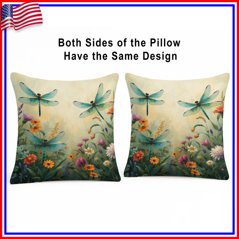 Libellules avec fleurs colorées, coussins décoratifs double face, 20 x 20 pouces