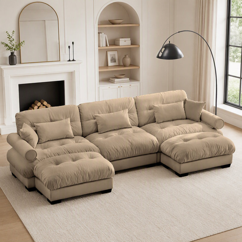 Canapé d'angle modulaire en forme de U avec poufs amovibles, canapé d'angle moderne 3 places avec coussins lombaires et accoudoirs rembourrés, canapé convertible en L pour salon