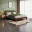 Structure de lit grand style Mid-Century avec tête de lit tapissier - Finition noyer et vert | Assemblage facile | Support robuste-678674159-678674157