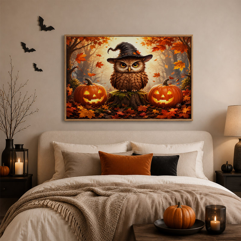 Chouette au chapeau de sorcière avec citrouilles dans la forêt d'automne, art mural d'Halloween, H 24 po x l 36 po