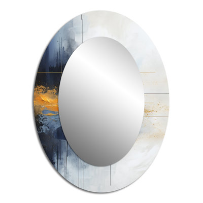 Blue And Yellow Fluid Harmony Abstract Painting II - Blue Modern Oval Wall Mirror