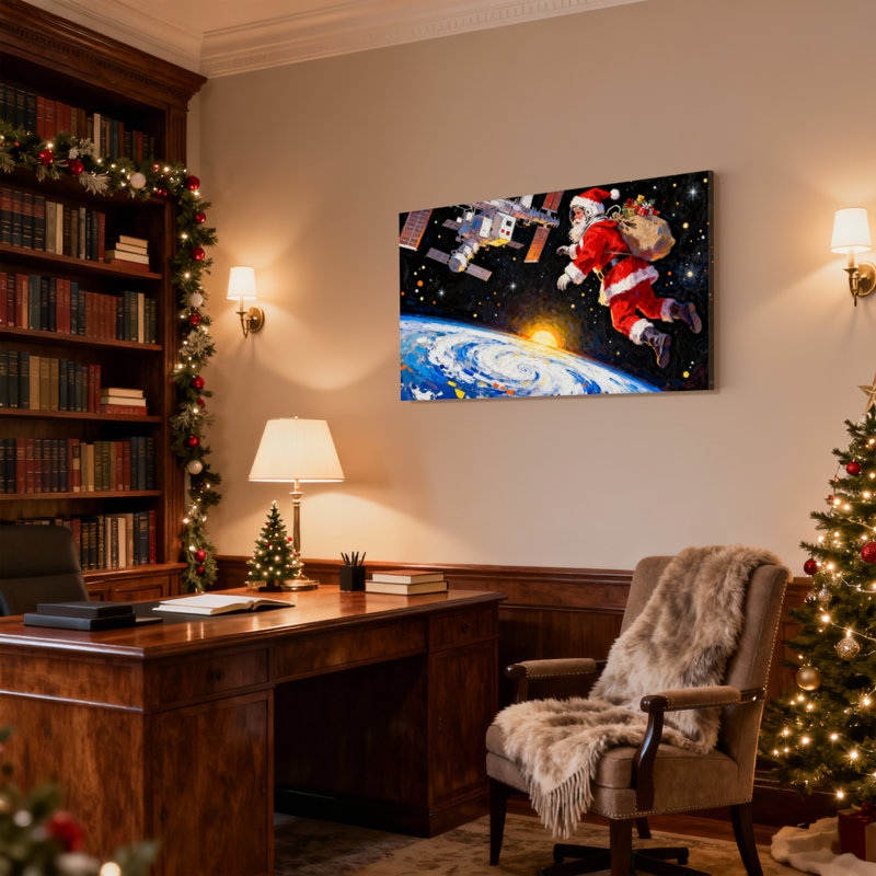 Père Noël de Noël flottant dans l'espace avec la terre et la station, ensemble de 3 impressions sur toile, H 20 po x l 30 po