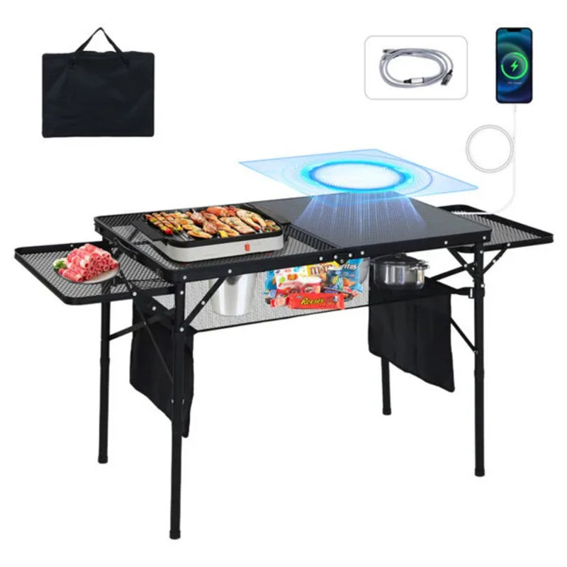 Table de camping portative solaire avec USB, prises de courant de type C et CC, table de barbecue pliante, 2 tablettes latérales