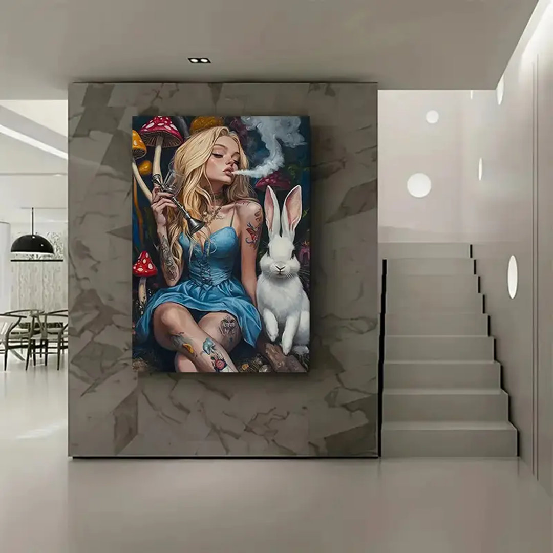 45*30,A Tattooed Woman In A Blue Dress Beside A White Rabbit Among Mushrooms Canvas Artworks, Suit For Christmas, Halloween Decorations, Summer Decora