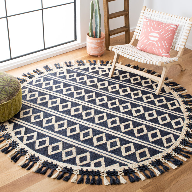 Tapis bleu / beige en jute / coton touffeté à la main Cunningham, Rond 6 pi